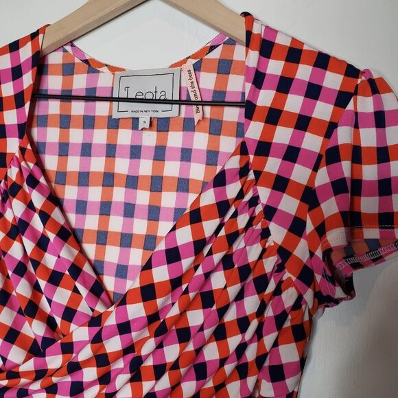 Leota Check Wrap Front Dress Pink Orange Blue - Picture 2 of 7